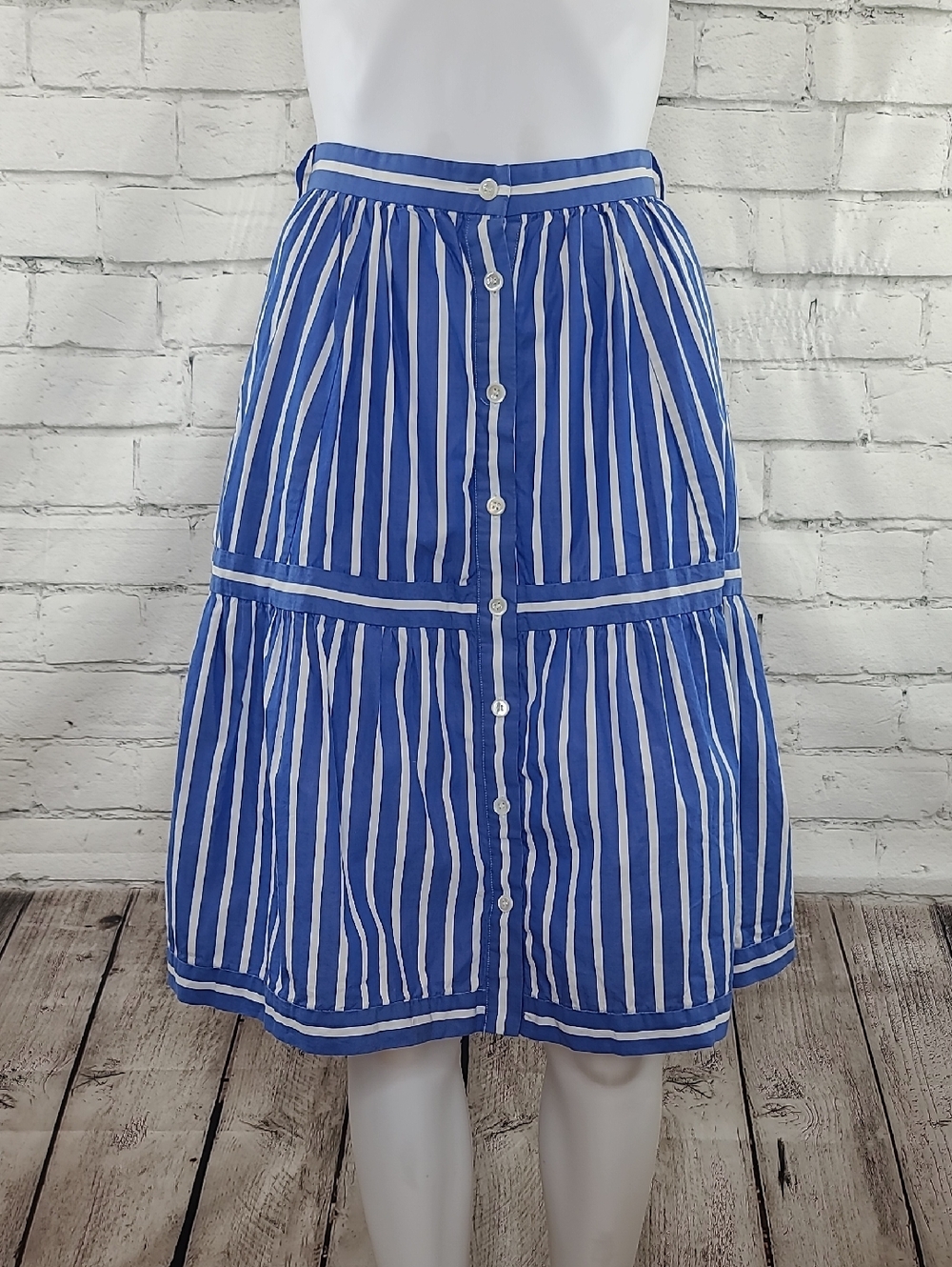 J Crew Flowy Cotton Hi Waist Pleated Button Front Striped Midi Skirt Blue/White